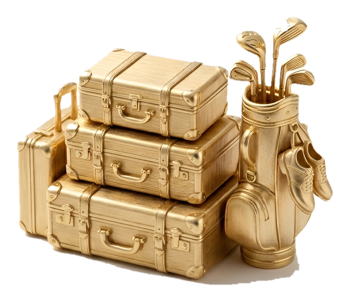 gold luggage and golf clubs