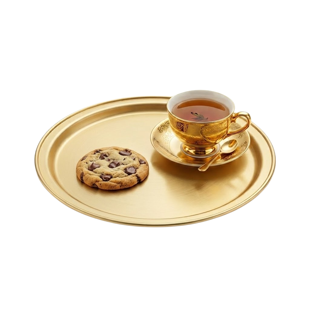 tea and a cookie on a gold tray